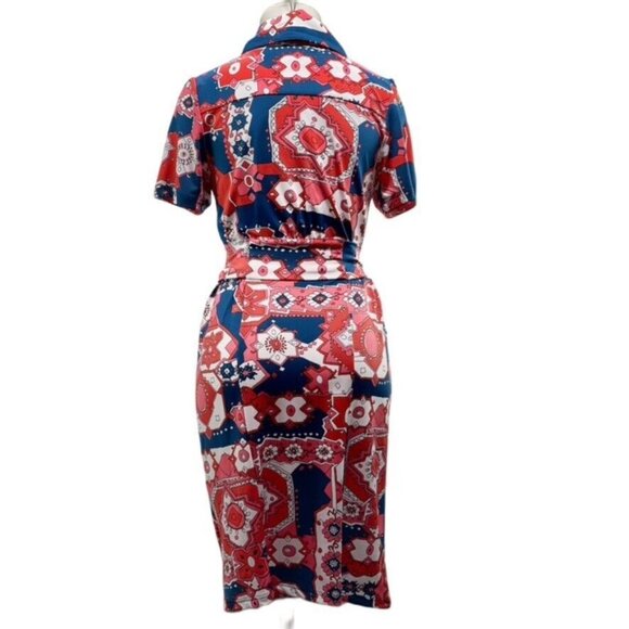 Tracy Negoshian Red & Blue Short Sleeve Collared Dress L - Picture 2 of 14